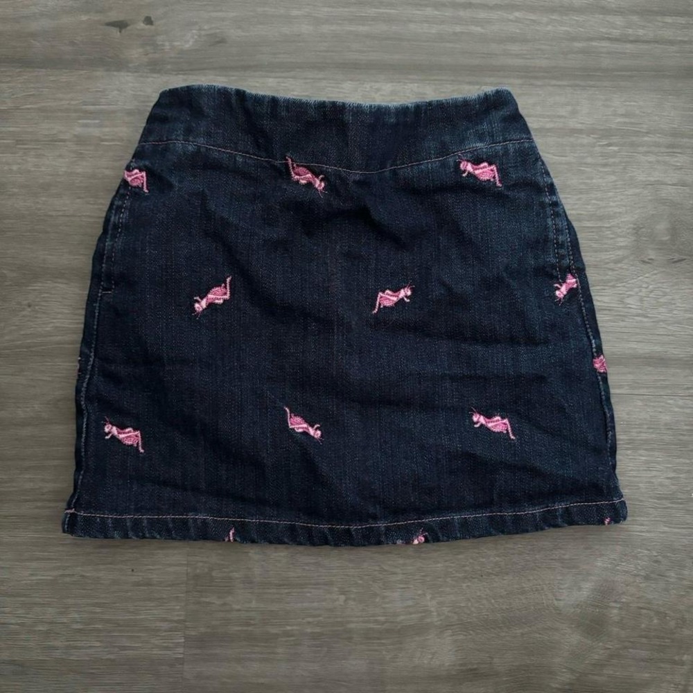 VTG Hartstrings Girls 2T Dark Wash Denim Skirt Pink Grasshopper Embroidery Mini
